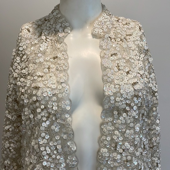 Vintage Full White Sequined Jacket SzSM - Picture 3 of 14